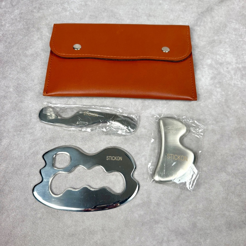 STICKON 3pc Stainless Steel Massage Tool Set with Pouch Myofascial Release